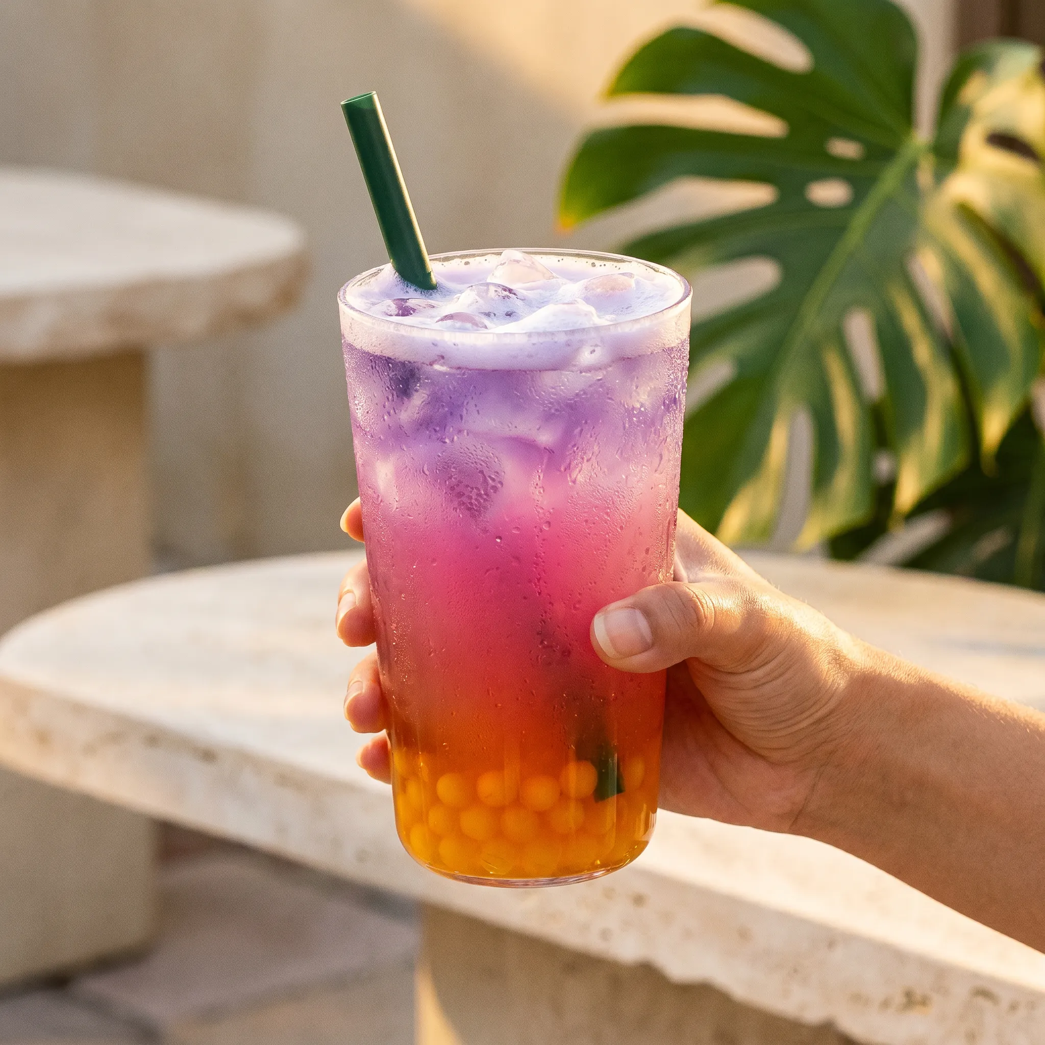 Layered tropical iced drink — Product Ad Studio output